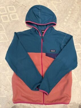 Patagonia Kids Teal & Coral Hooded Zip Fleece